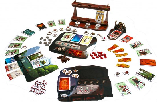 Alle onderdelen van het bordspel Paleo: kaarten, dobbelstenen, fiches en spelborden op een witte achtergrond.