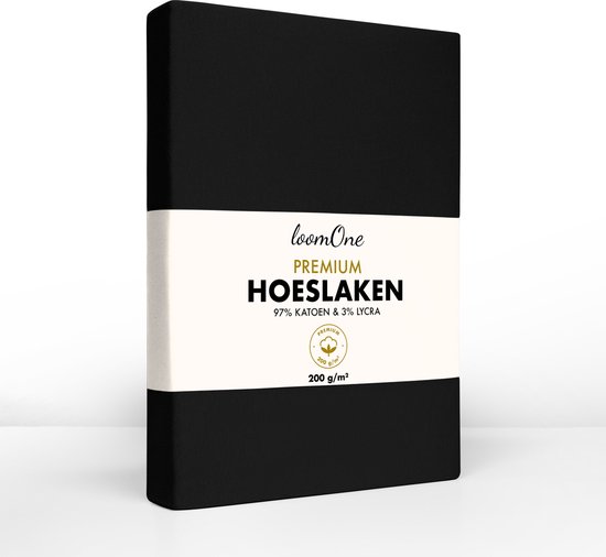 Loom One Premium Hoeslaken – 97% Jersey Katoen / 3% Lycra – 200x220 cm – tot 35cm matrasdikte– 200 g/m² – voor Boxspring-Waterbed - Zwart