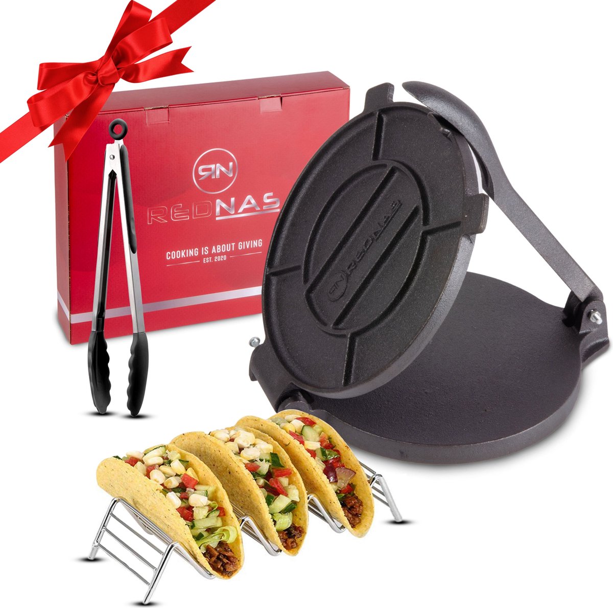 Rednas Tortilla Pers pakket - incl. luxe giftbox - Taco Pers - Roti Maker - Wrap Pers - incl. Taco Houder/Keukentang - Gietijzer - Ø 20CM