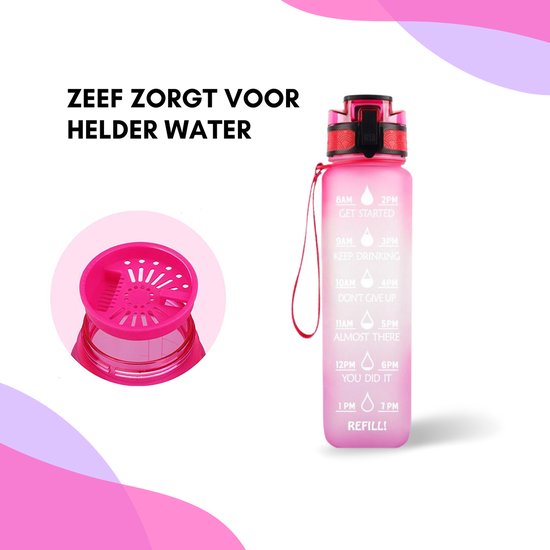 LaCardia Motivatie Waterfles roze paars - 1 liter drinkfles - Waterfles met tijdmarkering - roze + paars