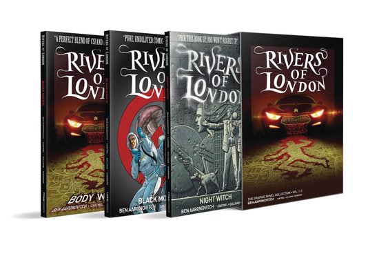 De graphic novel collectie Rivers of London, volumes 1-3, met rode autolichten en gestileerde voetafdrukken op straat.