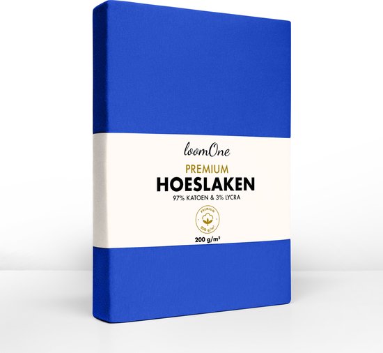 Loom One Premium Hoeslaken – 97% Jersey Katoen / 3% Lycra – 180x220 cm – tot 40cm matrasdikte– 200 g/m² – voor Boxspring-Waterbed - Koningsblauw