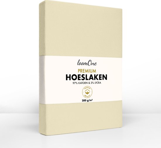 Loom One Premium Hoeslaken – 97% Jersey Katoen / 3% Lycra – 200x220 cm – tot 35cm matrasdikte– 200 g/m² – voor Boxspring-Waterbed - Natural / Crème
