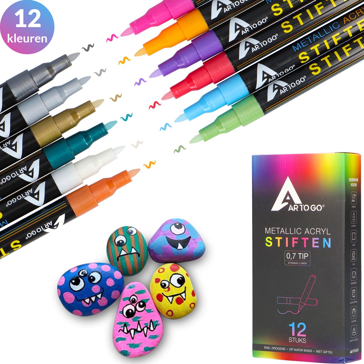 Stiften - Verfstiften - 0.7 tip - Acrylstiften - Happy Stones - 12 kleuren - Acrylverf - Pennen - Ar-To-Go®