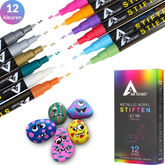 Stiften - Verfstiften - 0.7 tip - Acryl stiften - Happy Stones - 12 kleuren - Acrylverf