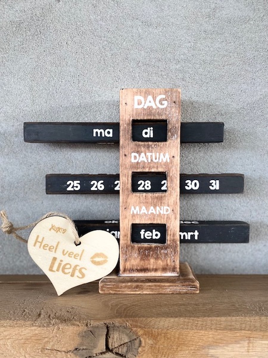 Houten schuifkalender - 19x20 cm - inclusief houten hartje veel liefs - kalender - staand