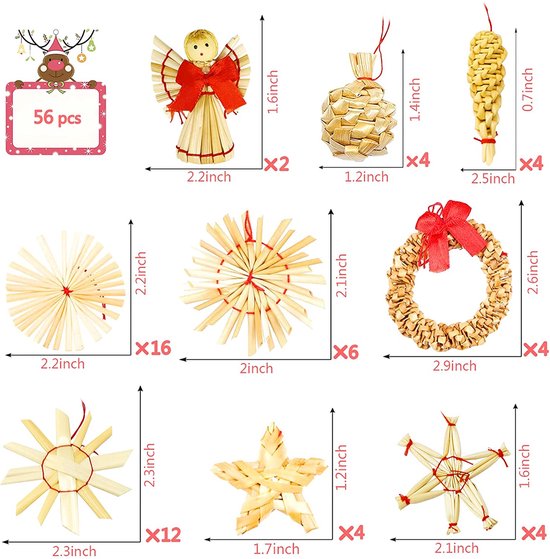 Kerstboomversiering | Kerstdecoratie | Kersthangers | Stro sterren | 56  Stuks | ... | bol.com