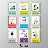 Brisz afvalstickers met afbeelding set van 9 afval stickers -  scan de QR code - en je weet waar het thuis hoort, hoe inleveren, waar inleveren en waarvoor! - met een informatief f