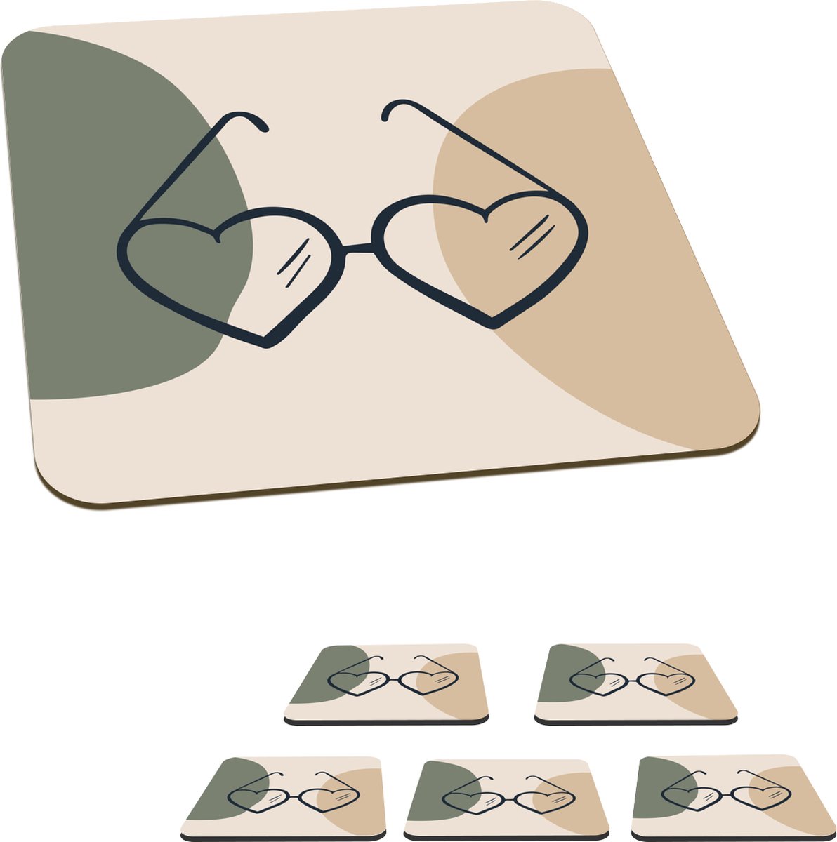Onderzetters voor glazen - Zonnebril - Hart - Pastel - 10x10 cm - Glasonderzetters - 6 stuks