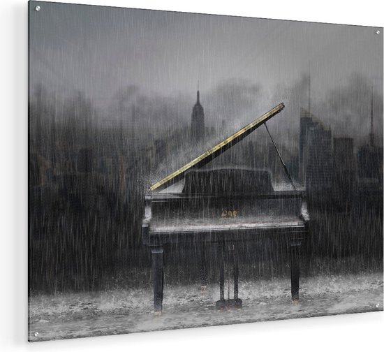 Artaza Glasschilderij - Piano in de Regen voor een Stad - Plexiglas Schilderij - Foto op Glas