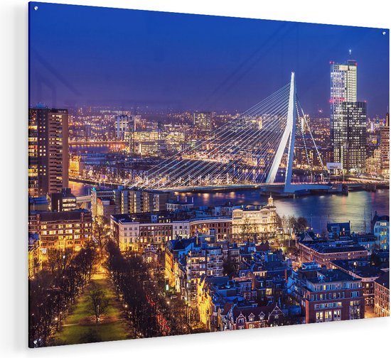 Artaza Glasschilderij - Rotterdamse Skyline Met De Erasmusbrug  - Plexiglas Schilderij - Foto op Glas