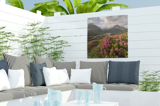 Posters de jardin Prairie fleurie - Montagnes - Rose - 50x50 cm - Toile jardin - Affiche extérieure