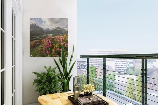 Posters de jardin Prairie fleurie - Montagnes - Rose - 50x50 cm - Toile jardin - Affiche extérieure
