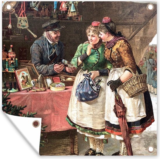 Tuindoek Kerst - Portret Kerstmarkt - Vintage - 100x100 cm