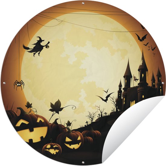 Tuincirkel Een illustratie van een kasteel met heksen en pompoenen tijdens Halloween - 120x120 cm - Ronde Tuinposter - Buiten XXL / Groot formaat!