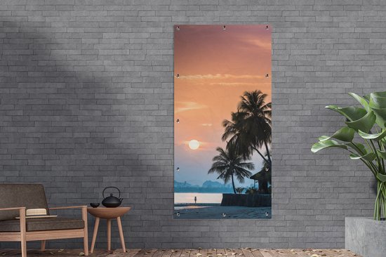 Décoration murale murale d'extérieur Coucher de soleil sur une île aux silhouettes de palmiers - 80x160 cm