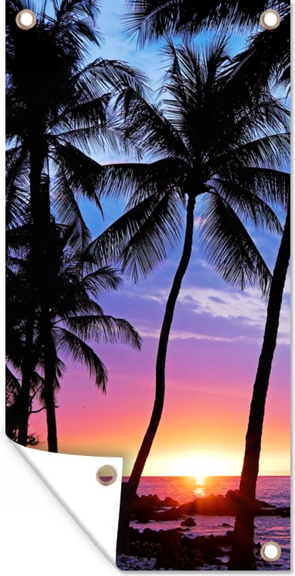 Affiche clôture Une silhouette de palmiers lors d'un coucher de soleil sur Hawaï - 100x200 cm - Toile jardin