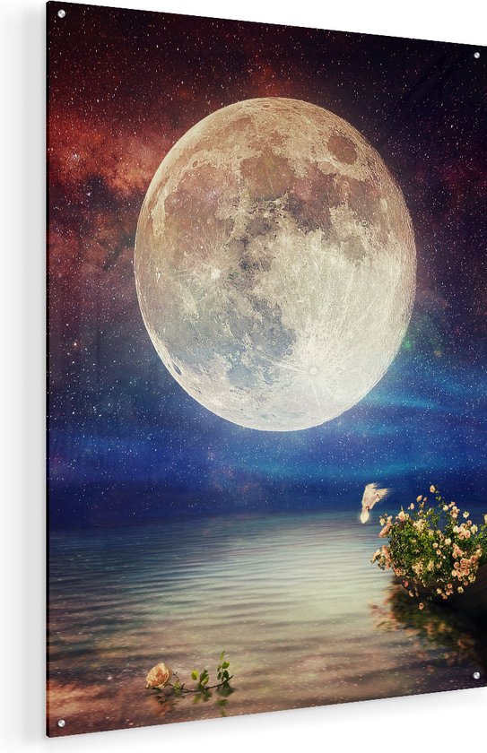 Artaza Glasschilderij - Volle Maan in de Hemel boven het Water - 60x80 - Plexiglas Schilderij - Foto op Glas
