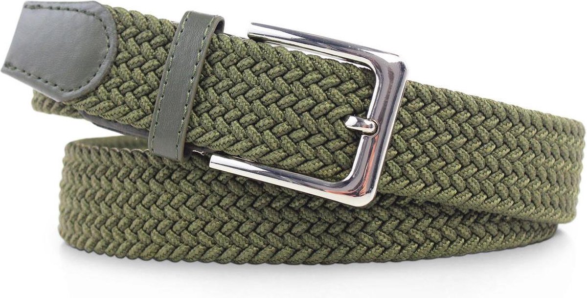 Groen - Elastische Comfort Riem Gevlochten - 100% Elastisch - Nikkelvrije Gesp Totale lengte 105 cm