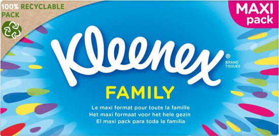 Kleenex Family tissues pak met blauwe voorkant, Kleenex logo en kleurrijke confetti. 'Maxi pack' en '100% recyclebaar'.