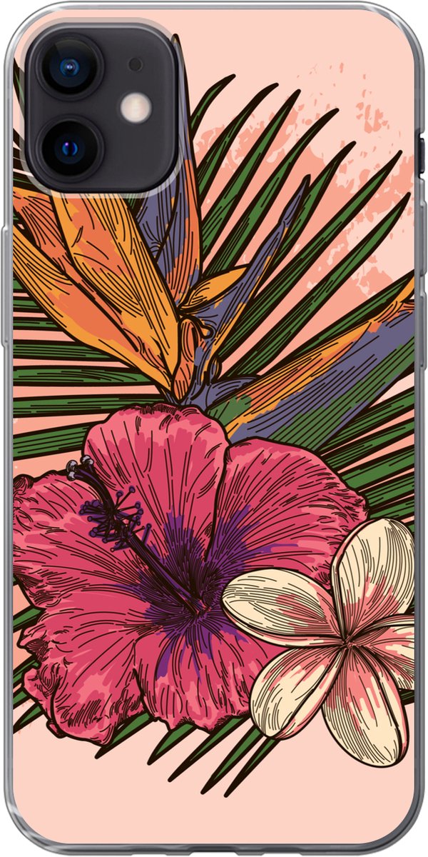 Telefoonhoesje Geschikt voor iPhone 12 mini hoesje - Bloemen - Tropisch - Roze - Siliconen Telefoonhoesje Telefoonhoesje