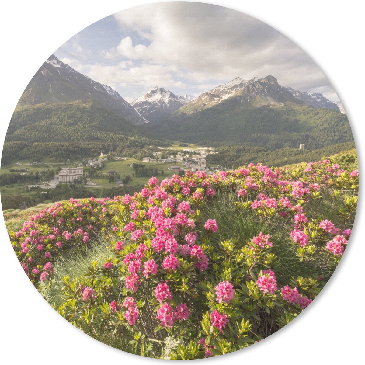Muismat rond 20x20 cm - Mousepad Bloemenweide - Bergen - Roze - Ronde muismatten