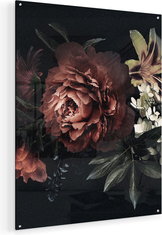 Artaza Glasschilderij - Bloemen Op Een Zwart Achtergrond - Plexiglas Schilderij - Foto op Glas