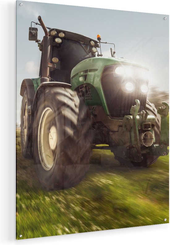 Artaza Glasschilderij - Tractor op het Gras - Trekker - 80x100 - Groot - Plexiglas Schilderij - Foto op Glas