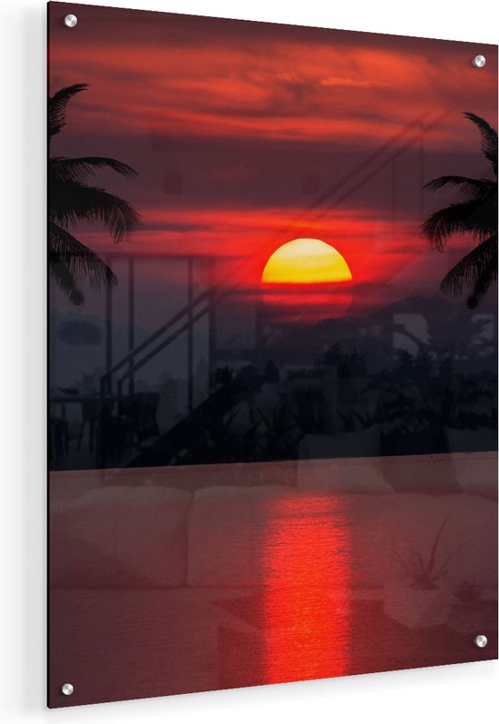 Artaza Glasschilderij - Zonsondergang Op Het Strand Met Palmbomen - 40x50 - Plexiglas Schilderij - Foto op Glas