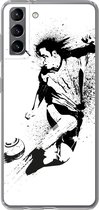 Geschikt voor Samsung Galaxy S21 Plus hoesje - Een illustratie van een persoon die een voetbal richting doel schiet - Jongens - Jongetje - Kind - Siliconen Telefoonhoesje