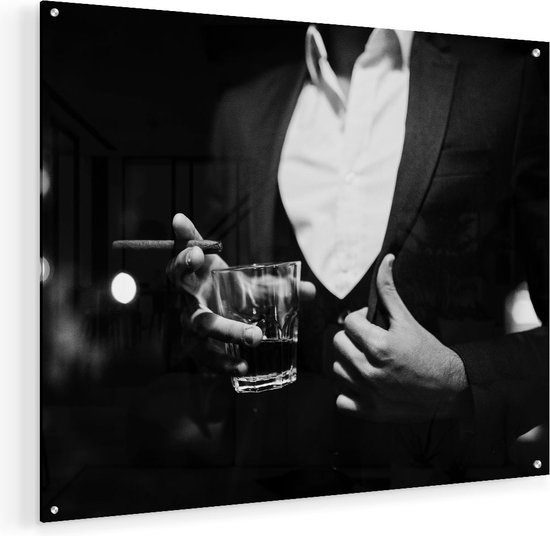 Artaza Glasschilderij - Man In Pak Met Een Sigaar En Een Drankje - Plexiglas Schilderij - Foto op Glas