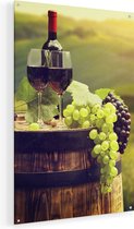 Artaza Glasschilderij - Wijn met Druiven op een Vat in Toscane - 60x90 - Plexiglas Schilderij - Foto op Glas