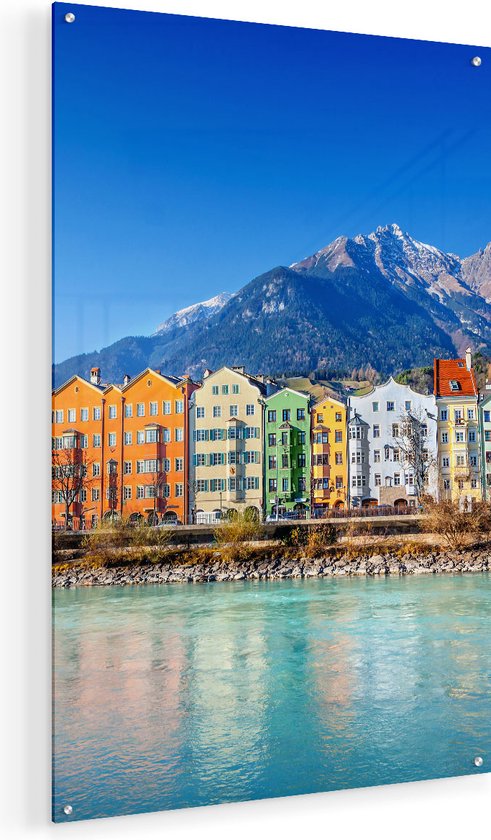 Artaza Glasschilderij - Gekleurde Huisjes in Innsbruck, Oostenrijk - 60x90 - Plexiglas Schilderij - Foto op Glas