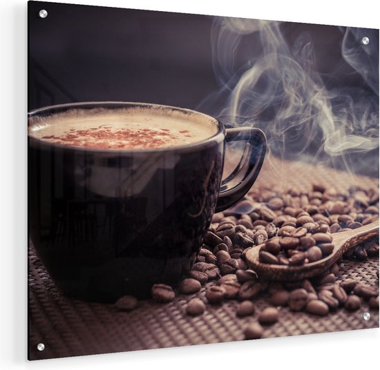 Artaza Glasschilderij - Hete Koffie Kop Met Koffiebonen - 50x40 - Plexiglas Schilderij - Foto op Glas