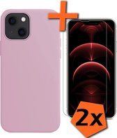 iPhone 13 Hoesje Siliconen Case Met 2x Screenprotector Met Dichte Notch - iPhone 13 Hoes Siliconen Cover Met 2x Beschermglas - Lila