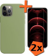 iPhone 13 Pro Hoesje Siliconen Case Met 2x Screenprotector Met Dichte Notch - iPhone 13 Pro Hoes Siliconen Cover Met 2x Beschermglas - Groen