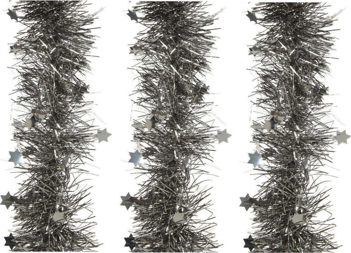 6x stuks lametta/folie sterren slingers antraciet (warm grey) 10 cm x 270 cm - kerstslingers/kerst guirlandes