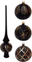 Pakket 10-delig: met 1 Zwarte Kerstboom Piek en 9 Zwarte Kerstballen met Gouden Decoratie - 3 x 3 verschillend gedecoreerde glazen kerstballen van 8 cm