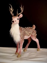 Pink Velvet Deer with Gold Antlers 46 cm hoog - rendier - hert - roze - glitters - kunststof - handgemaakt - figuur - kerststukje - kerstdecoratie - kerstitem - accessoire - interieur - gesch