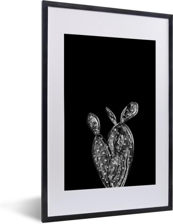 Fotolijst incl. Poster Zwart Wit- Bladeren van een cactus op een zwarte achtergrond - zwart wit - 40x60 cm - Posterlijst