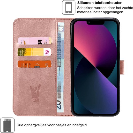 Coque et protections d'écran pour iPhone 13 - Portefeuille en cuir avec étui de livre - Or rose