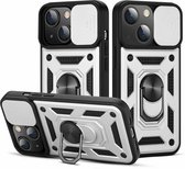 iPhone 13 Hoesje met Camera Bescherming Zilver - Hoesje iPhone 13 met ring houder Rugged Armor Back Cover - Case - Camera Schuif