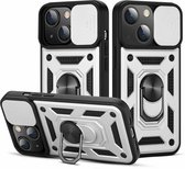 Hoesje Geschikt voor iPhone 13 Hoesje met Camera Bescherming Zilver - Hoesje Geschikt voor iPhone 13 met ring houder Rugged Armor Back Cover - Case - Camera Schuif