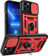 iPhone 13 Hoesje met Camera Bescherming Rood - Hoesje iPhone 13 met ring houder Rugged Armor Back Cover - Case - Camera Schuif