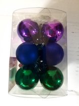 Kerstballen - onbreekbaar - 12 stuks - 3 cm - groen - blauw - paars
