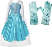 Elsa kleed met sleep- + 4-delig accessoire set - prinsessen kleed - 128/134 (labelmaat 140) - verkleedkleding