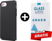 Backcase Carbon Hoesje iPhone SE (2020) Zwart - Gratis Screen Protector - Telefoonhoesje - Smartphonehoesje