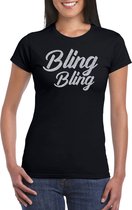 Bling bling t-shirt zwart met zilveren glitter tekst dames - Glitter en Glamour zilver party kleding shirt S