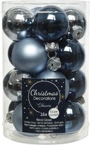 Decoris Kerstballen Mix 16 stuks - Parelmoer Mix - Donkerblauw Lichtblauw Zilver - Glanzend - 3.5cm
