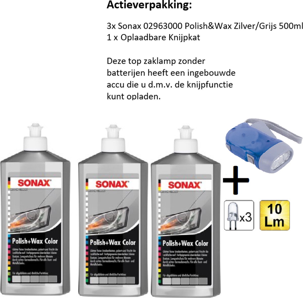 SONAX Polish&Wax 500ml ZilverGrijs 3 stuks + Knijpkat/Zaklamp